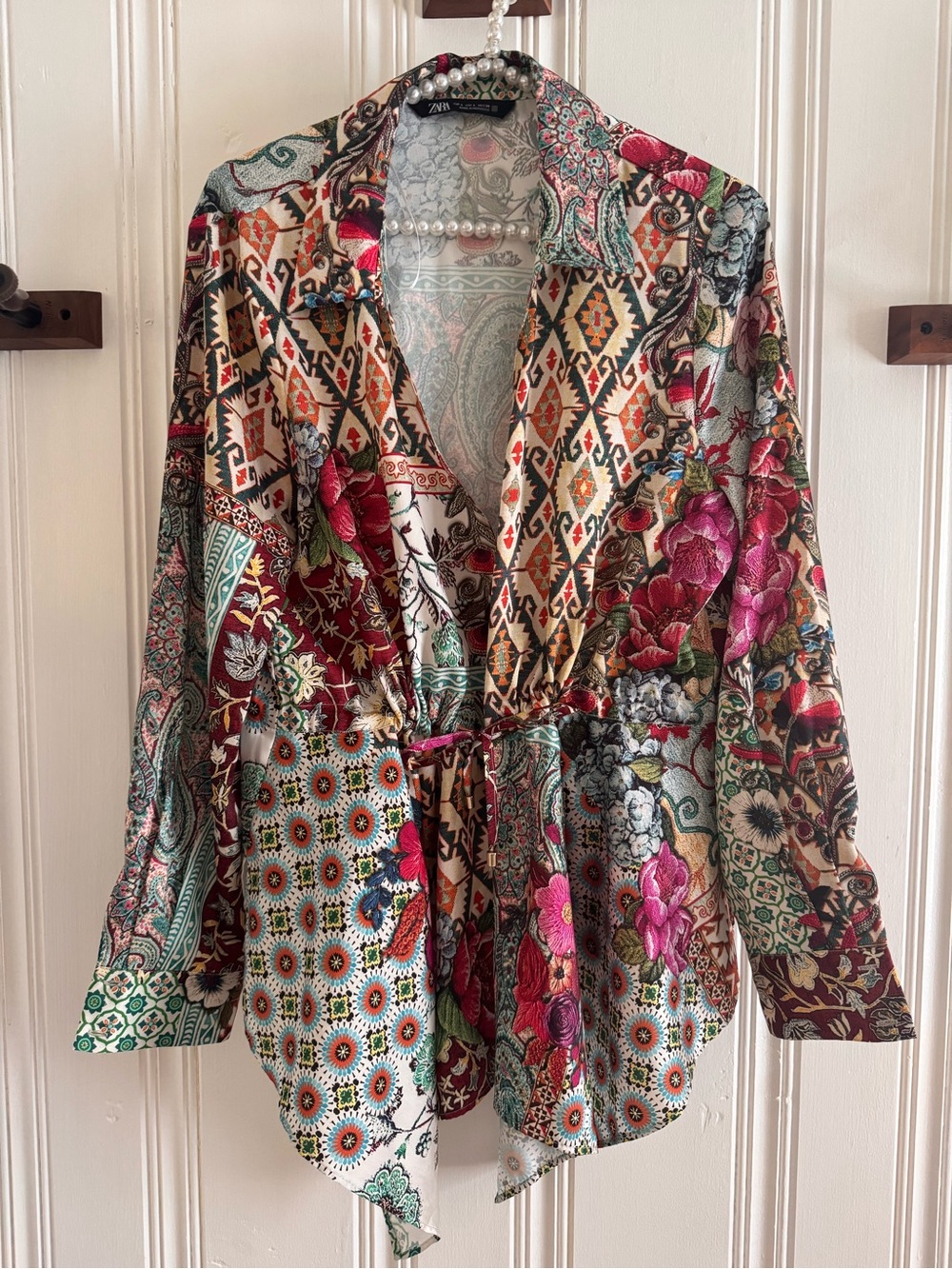 Zara Floral & Geometric Mixed-Print Tie-Waist Blouse - Multicolor